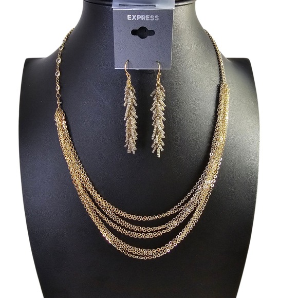 Express Gold Tone Multi Strand‎ Necklace and Beaded Dangle Earrings Set NWOT - Picture 5 of 6